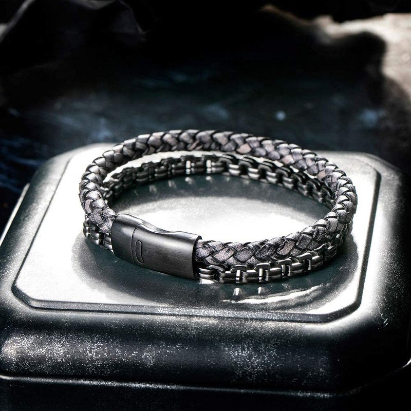 murtoo Mens Bracelet Leather and Steel, Stainless Steel Chain and Leather Bracelets for Men (Black-grey, 9.25") - Image 5